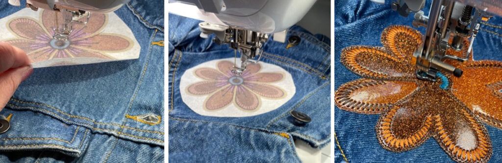 Floral Applique Denim Jacket machine embroidery applique luxe sparkle vinyl