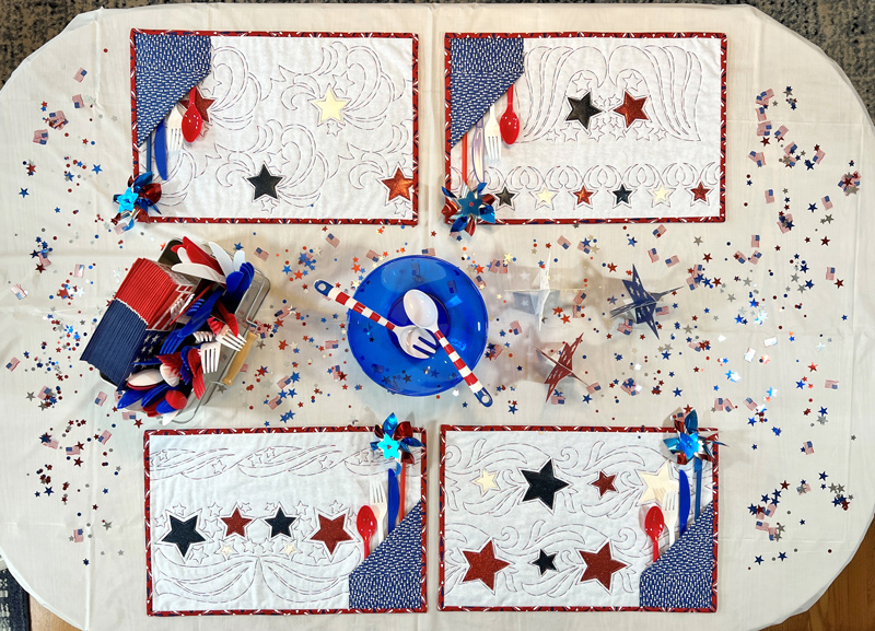 Stars & Stripes Quilted Placemats completed party tablescape